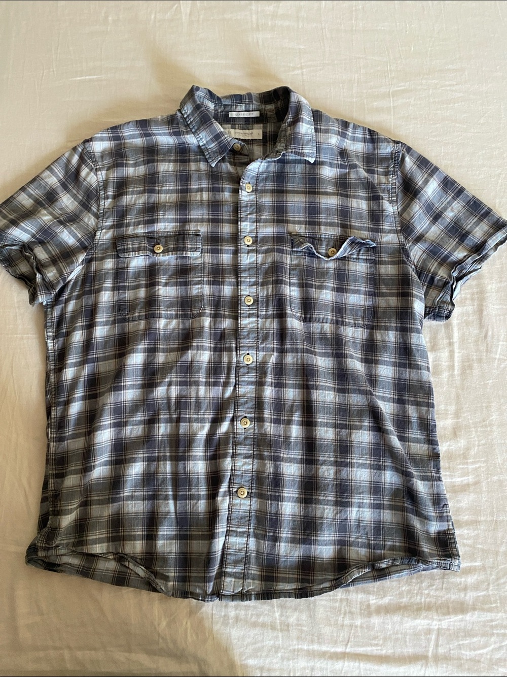 Lucky Brand Blue and Gray Plaid Short-Sleeve Button-Down Shirt
